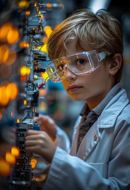 Photo boy is examining robot in laboratory