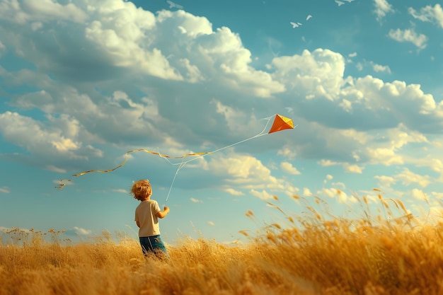 Photo a boy is flying a kite in a field with a sky background