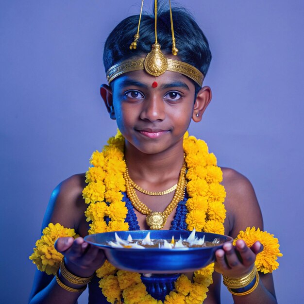 Photo a boy is holding a bowl of rice and is holding a bowl with flowers