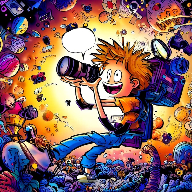 a boy is holding a camera in his hands in comic illustration