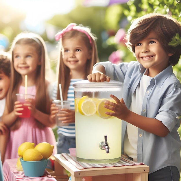 a boy is holding a container of water with the letter o on it