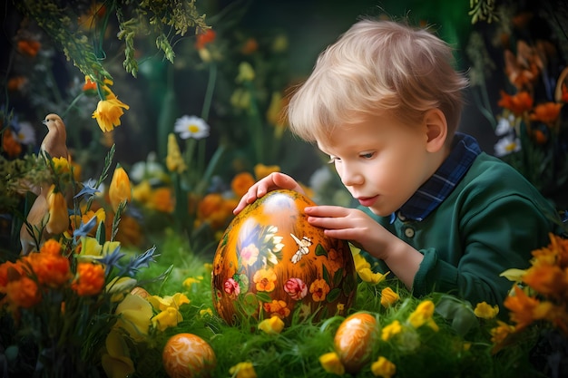 A boy is holding a golden painted Easter egg in a garden among spring flowers Generative AI