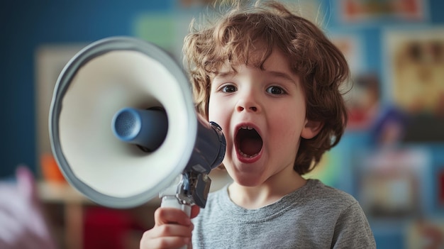 a boy is holding a megaphone with the words quot the word quot on it