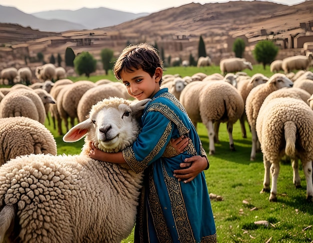 a boy is hugging a sheep with a sheep in the background