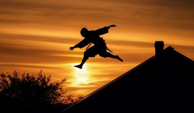 A boy is jumping on a roof with the sun behind him