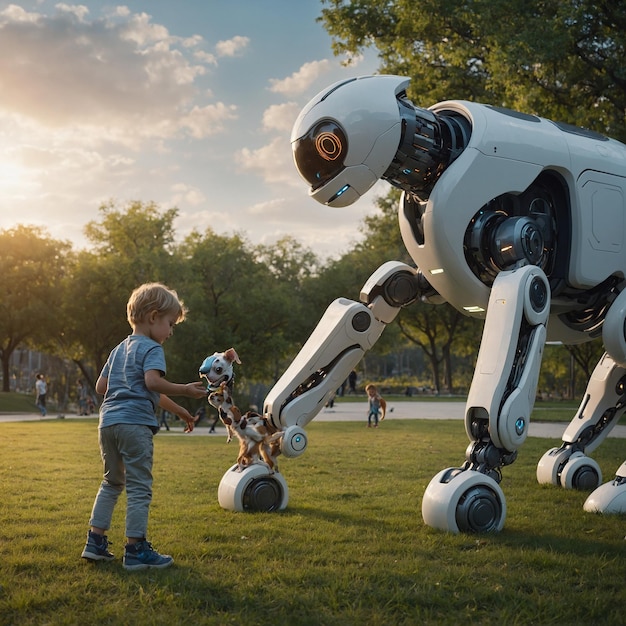 a boy is looking at a robot that is outside