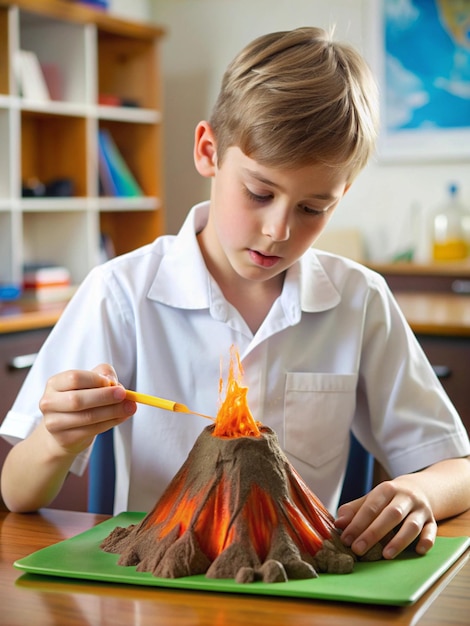 a boy is painting a fire with a picture of a boy in a white shirt