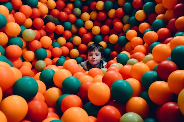 Photo a boy is playing in a ball pit