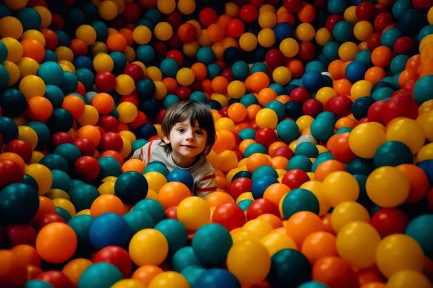 Photo a boy is playing in a ball pit