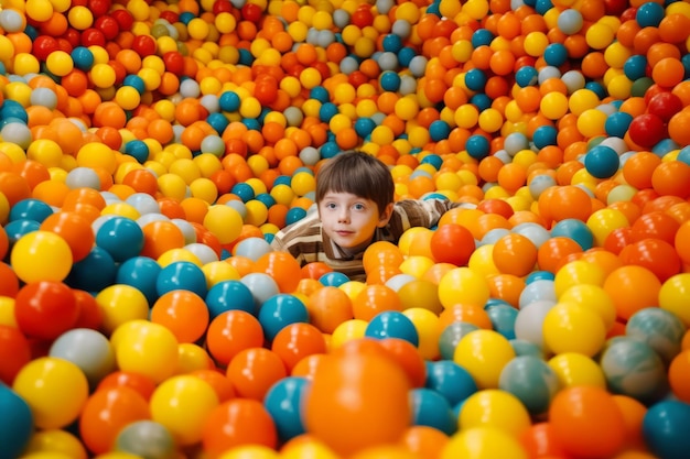 Photo a boy is playing in a ball pit