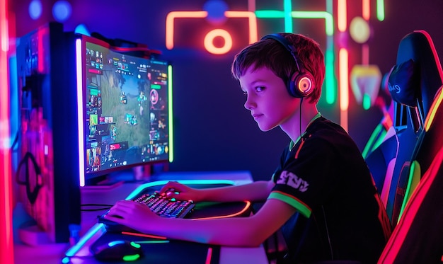 a boy is playing a game with a computer monitor and a keyboard