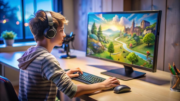 Photo a boy is playing a game with a computer mouse and a picture of a mountain on the screen