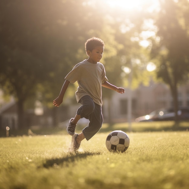 A boy is playing soccer in a field with the sun shining on his shirt.