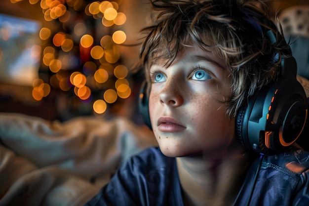 A boy is playing a video game with a face of concentration