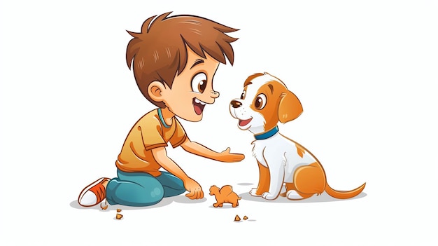 A boy is playing with his dog