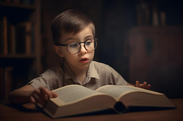 A boy is reading a book with a bookmark on the right