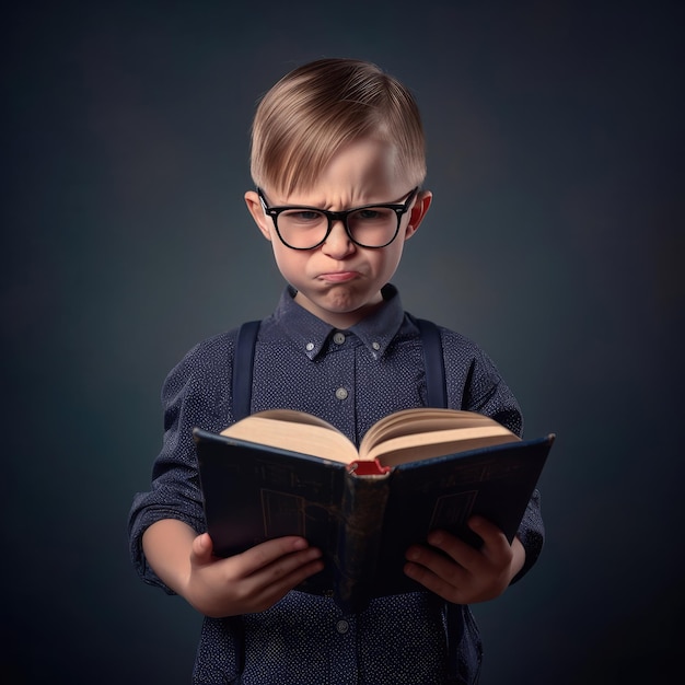 A boy is reading a book with glasses on his face