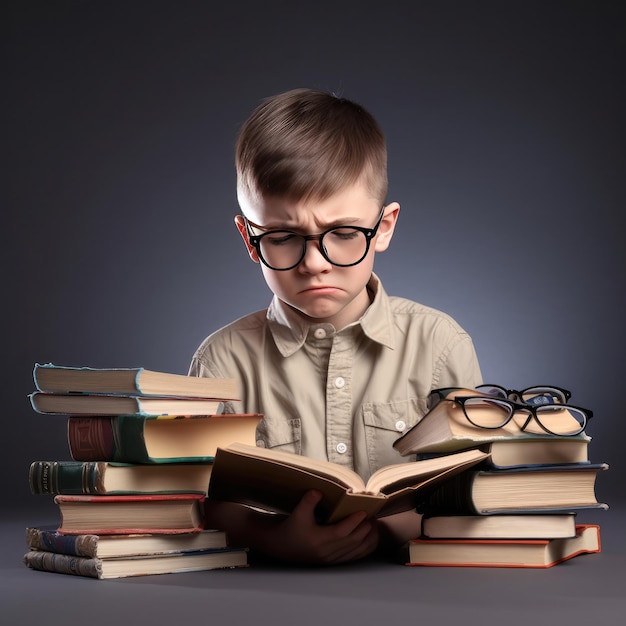 A boy is reading a book with glasses on his face