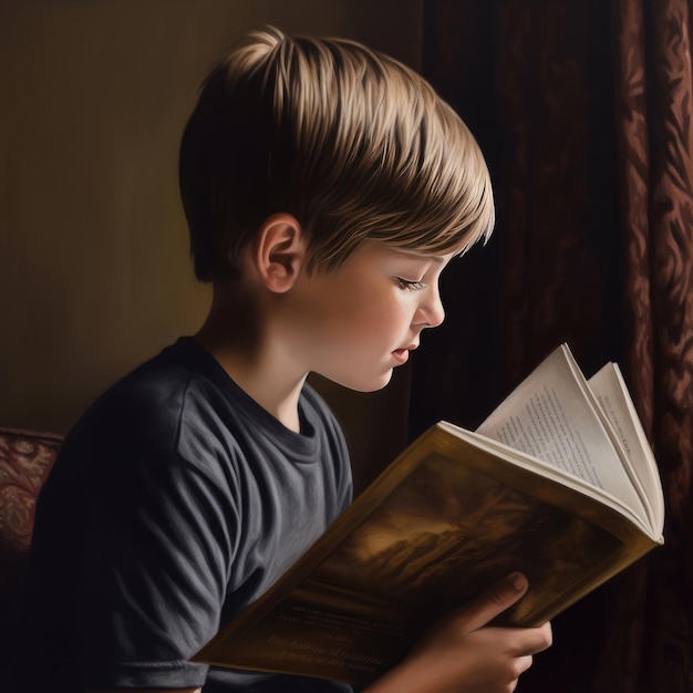 A boy is reading a book with the word harry potter on the cover.