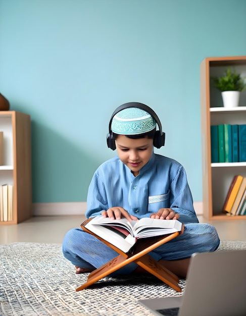 a boy is reading a Quran with headphones on