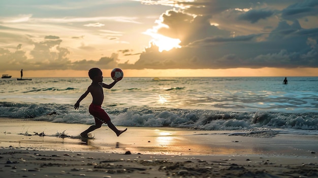 a boy is running on the beach with a frisbee