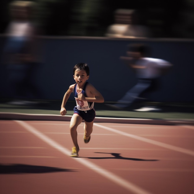 A boy is running with a white shirt that says