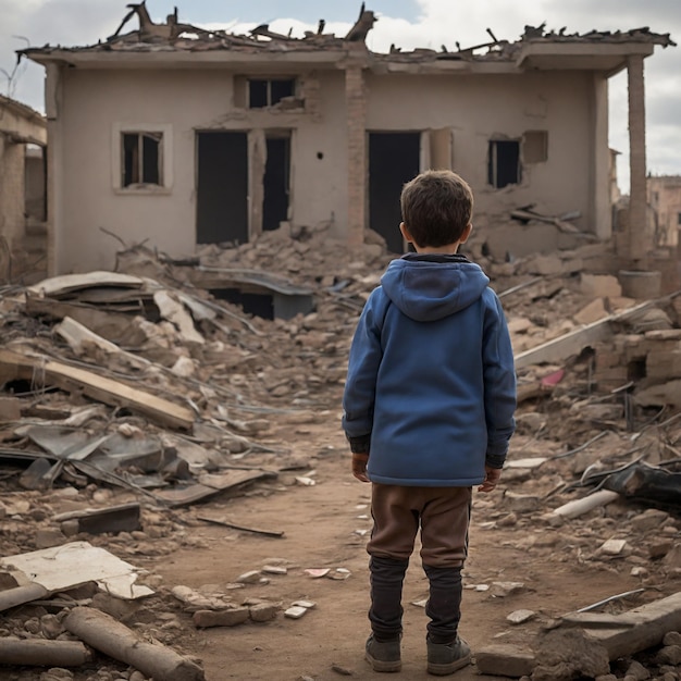 a boy is seen from behind looking at his destroyed house