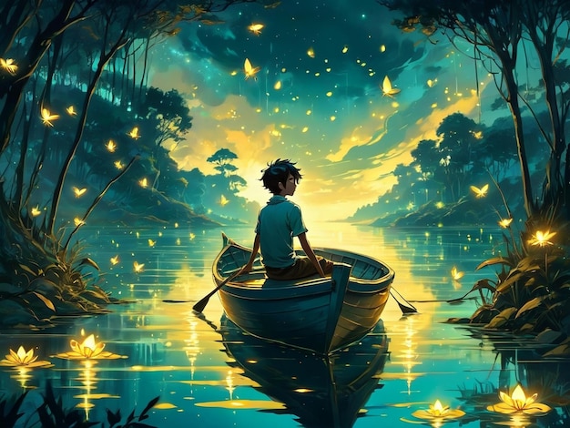 a boy is sitting in a boat on the water dream scenery art among wonderful golden fireflies