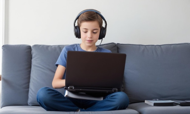 a boy is sitting on a couch with a laptop and headphones on his head