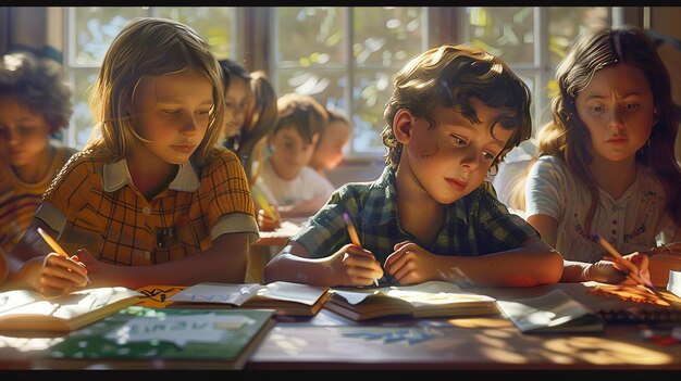 a boy is sitting at a desk with a book titled quot the word quot on it