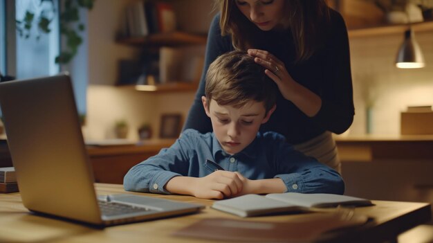 Photo a boy is sitting at the table and doing homework with a laptop