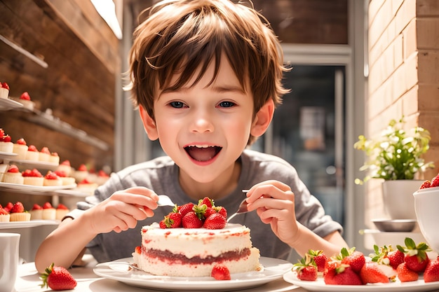 a boy is sitting at a table with a cake and a cake with strawberries on it