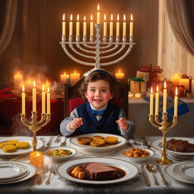 a boy is sitting at a table with a candle that says  jewish holiday