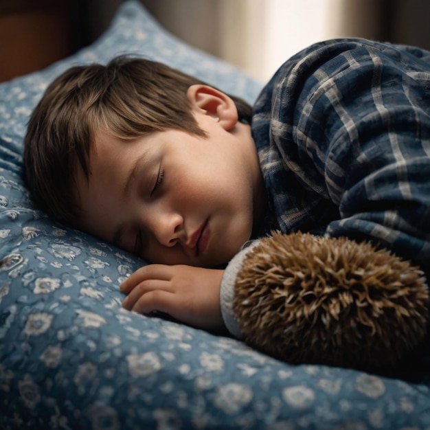 Photo a boy is sleeping on a bed with a stuffed animal