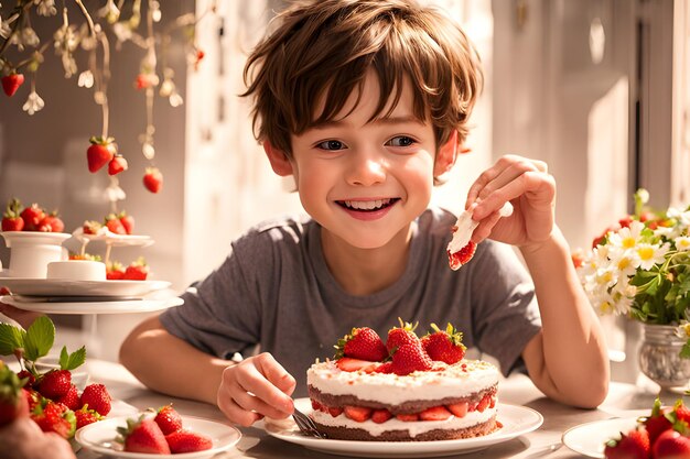 a boy is smiling and eating a cake with strawberries on it