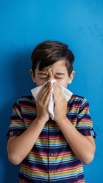 Photo a boy is sneezing into tissue and feeling sick on blue wall