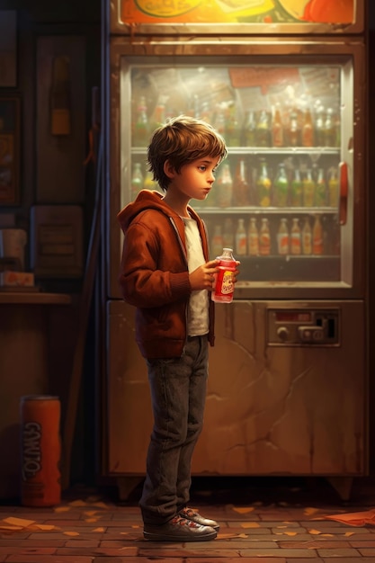 A boy is standing by a soda machine