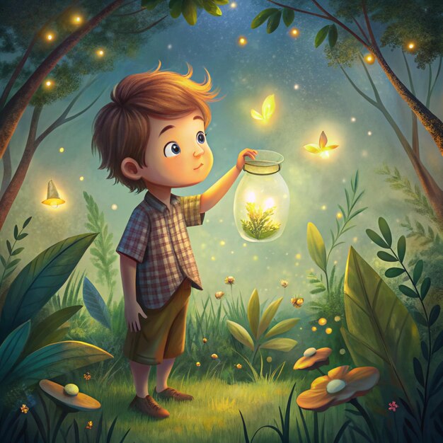 Photo a boy is standing in a forest with butterflies and a place for a picture of a boy