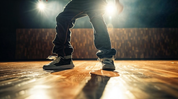 Photo a boy is standing on a wooden floor and he is wearing a pair of sneakers