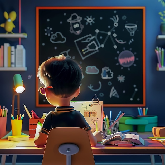 A boy is studying in the classroom with a blackboard as the background threedimensional and clear