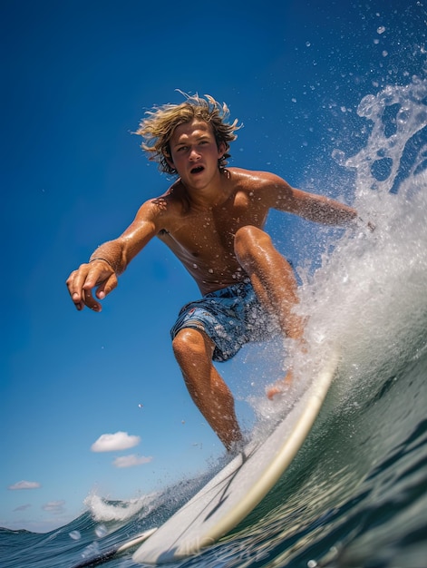 a boy is surfing on a wave with the ocean behind him.