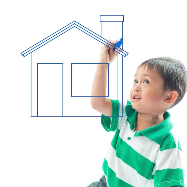 A boy is using a magic pen to write an imaginary picture.