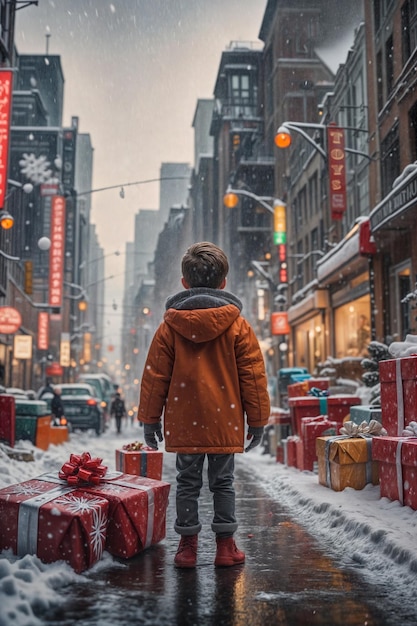 a boy is walking down a street with a red bag of gifts