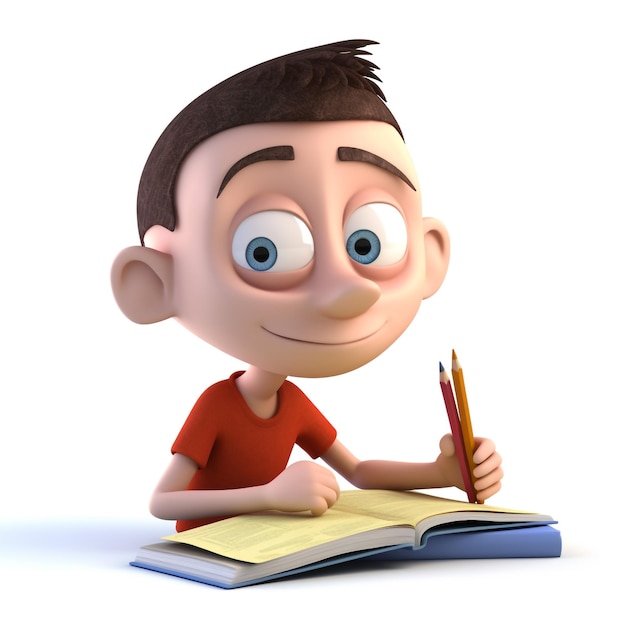 A boy is writing on a book and is wearing a red shirt.