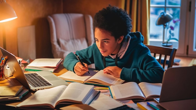 a boy is writing on a notebook with a pen in his hand