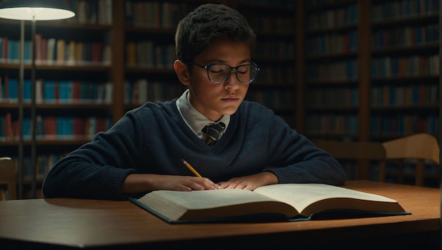 a boy is writing in a notebook with a pen in his hand