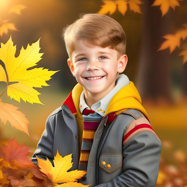 a boy in a jacket that has a yellow and red stripe on it