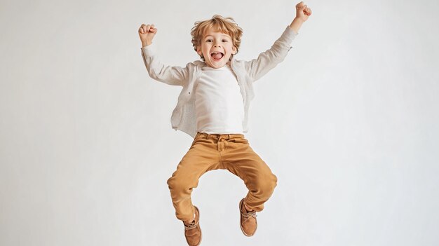 Photo a boy jumping in the air with his arms up in the air