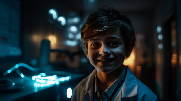 A boy in a lab coat smiles at the camera in a dark room.