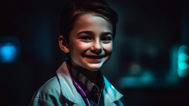 A boy in a lab coat smiles at the camera.